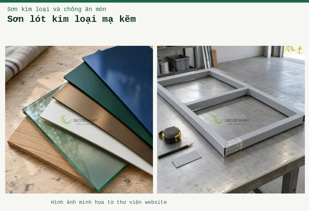 Sơn lót kim loại mạ kẽm – Ảnh minh họa: Minh họa khung thép mạ kẽm phủ sơn chống rỉ và phần mẫu bề mặt kẽm; Minh họa các mẫu hoàn thiện trên kim loại, kính và gỗ với nhiều màu sắc.