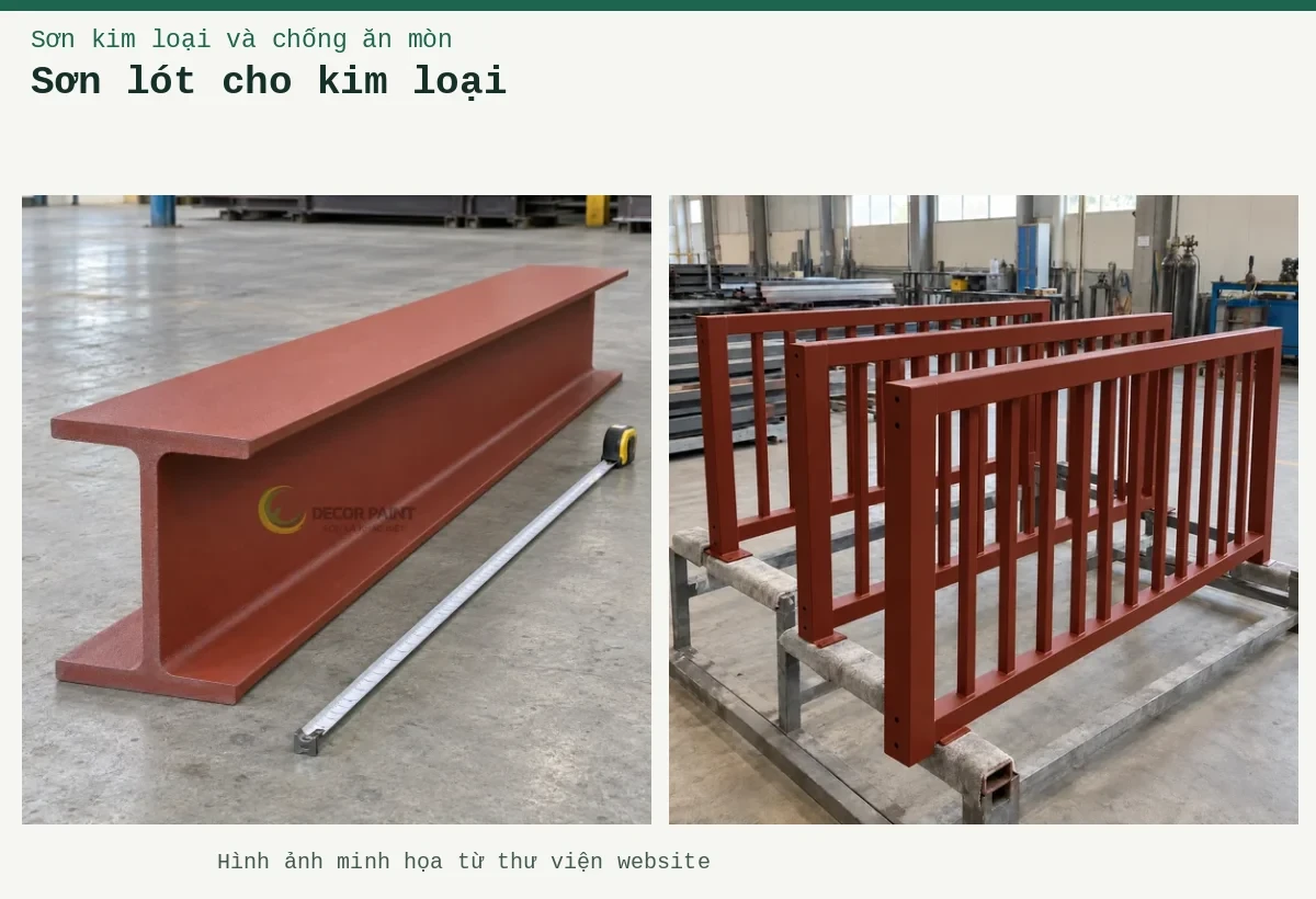 Sơn lót cho kim loại – Ảnh minh họa: Sơn lót kim loại đỏ oxit – cấu kiện lan can được sơn lót; Dầm thép chữ I phủ sơn lót nâu đỏ cùng thước dây trên nền xưởng.