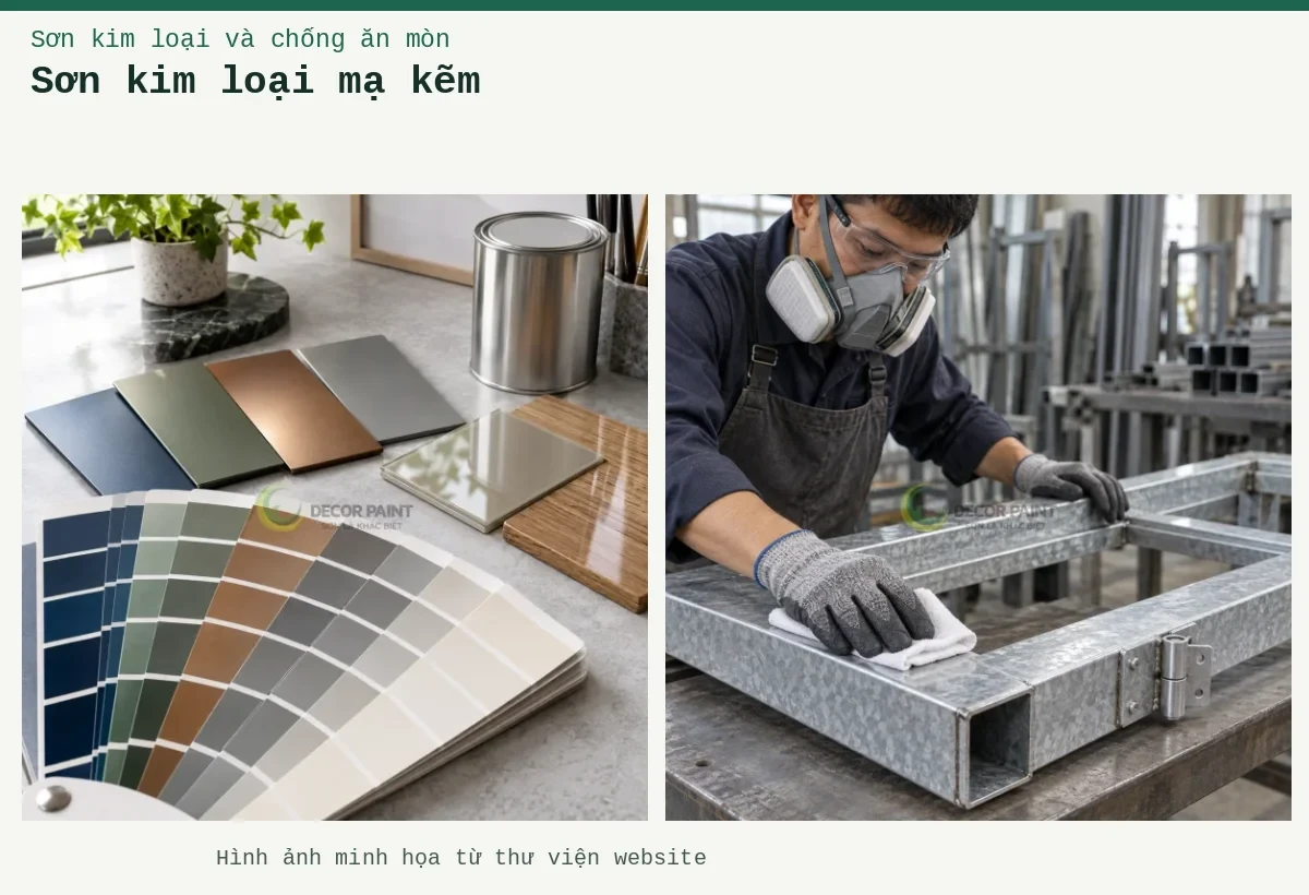 Sơn kim loại mạ kẽm – Ảnh minh họa: Lau sạch bề mặt khung thép mạ kẽm trước khi sơn, chú ý các cạnh thép và vị trí liên kết; Minh họa lựa chọn màu và hệ sơn theo mẫu kim loại, kính và gỗ.