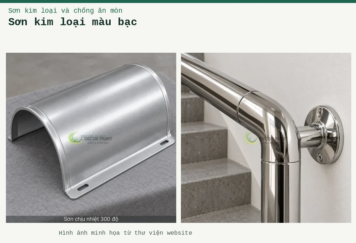 Sơn kim loại màu bạc – Ảnh minh họa: Họa tiết kim loại chrome; Tấm chắn nhiệt bạc nhôm.