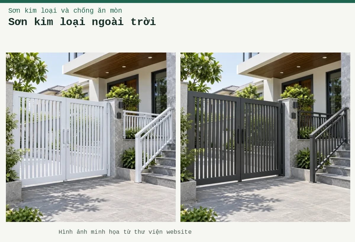 Sơn kim loại ngoài trời – Ảnh minh họa: Sơn đa năng trên kim loại – cửa cổng và tay vịn kim loại ngoài trời; Sơn đa năng trên kim loại – cửa cổng và tay vịn kim loại ngoài trời.