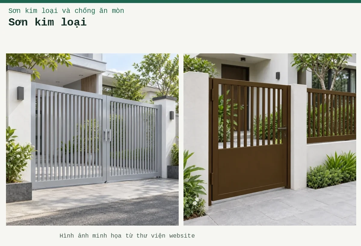 Sơn kim loại – Ảnh minh họa: Sơn kim loại cà phê sữa đậm mờ – cửa cổng kim loại; Sơn kim loại ghi nhạt – cửa cổng kim loại.