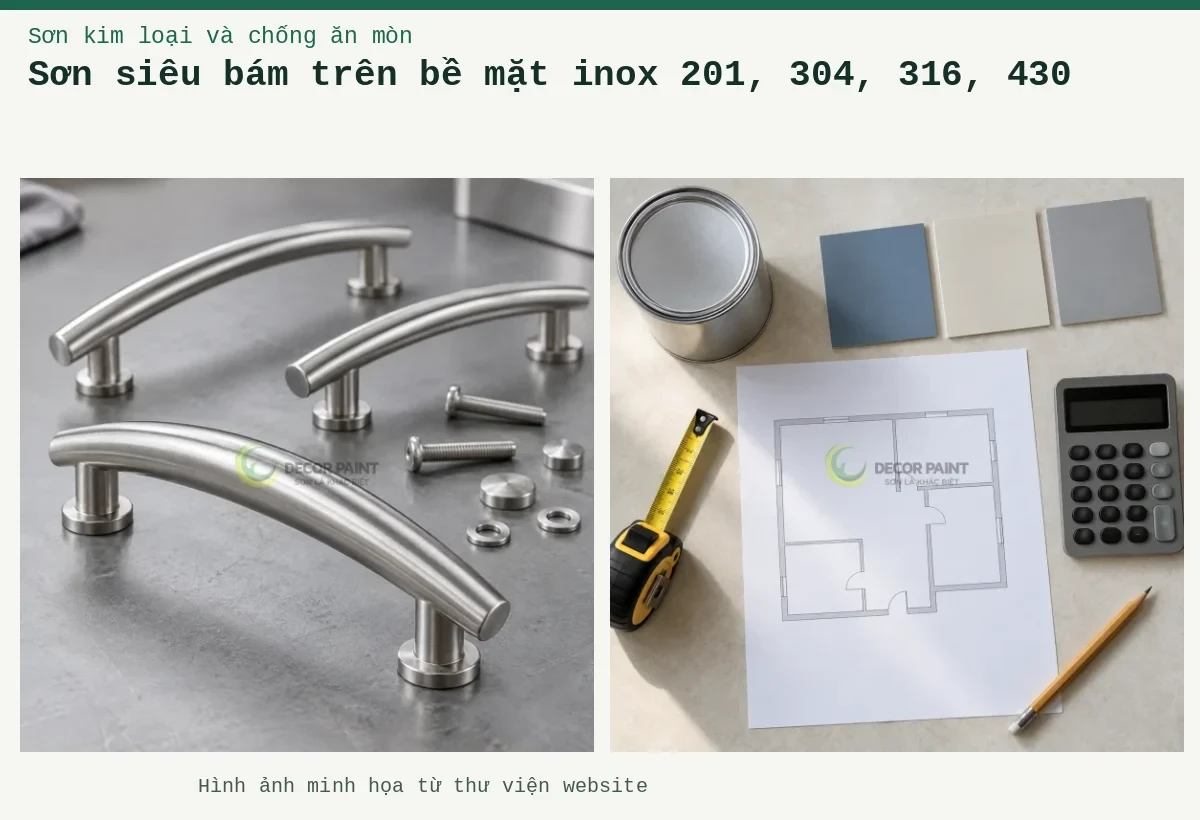 Sơn siêu bám trên bề mặt inox 201, 304, 316, 430 – Ảnh minh họa: Minh họa tay nắm cong và phụ kiện inox với bề mặt bạc xước; Minh họa chuẩn bị bản vẽ bề mặt, dụng cụ đo và mẫu sơn để tính lượng vật tư cần dùng.