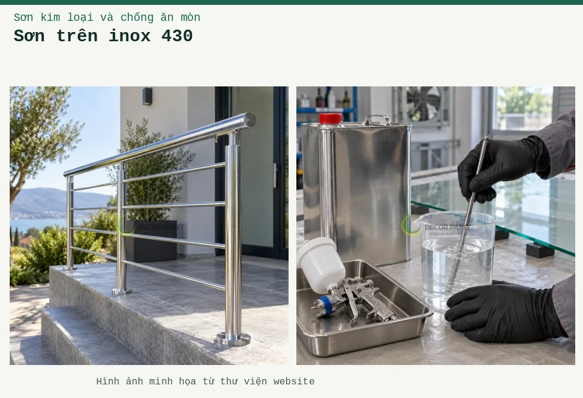 Sơn trên inox 430 – Ảnh minh họa: Lan can inox hoàn thiện trong suốt, giữ sắc kim loại và độ phản sáng của bề mặt; Khuấy dung môi.