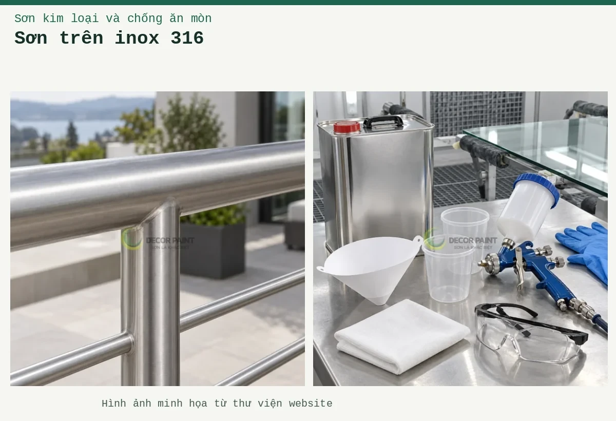 Sơn trên inox 316 – Ảnh minh họa: Lan can inox vân xước phủ trong; Dụng cụ pha sơn.
