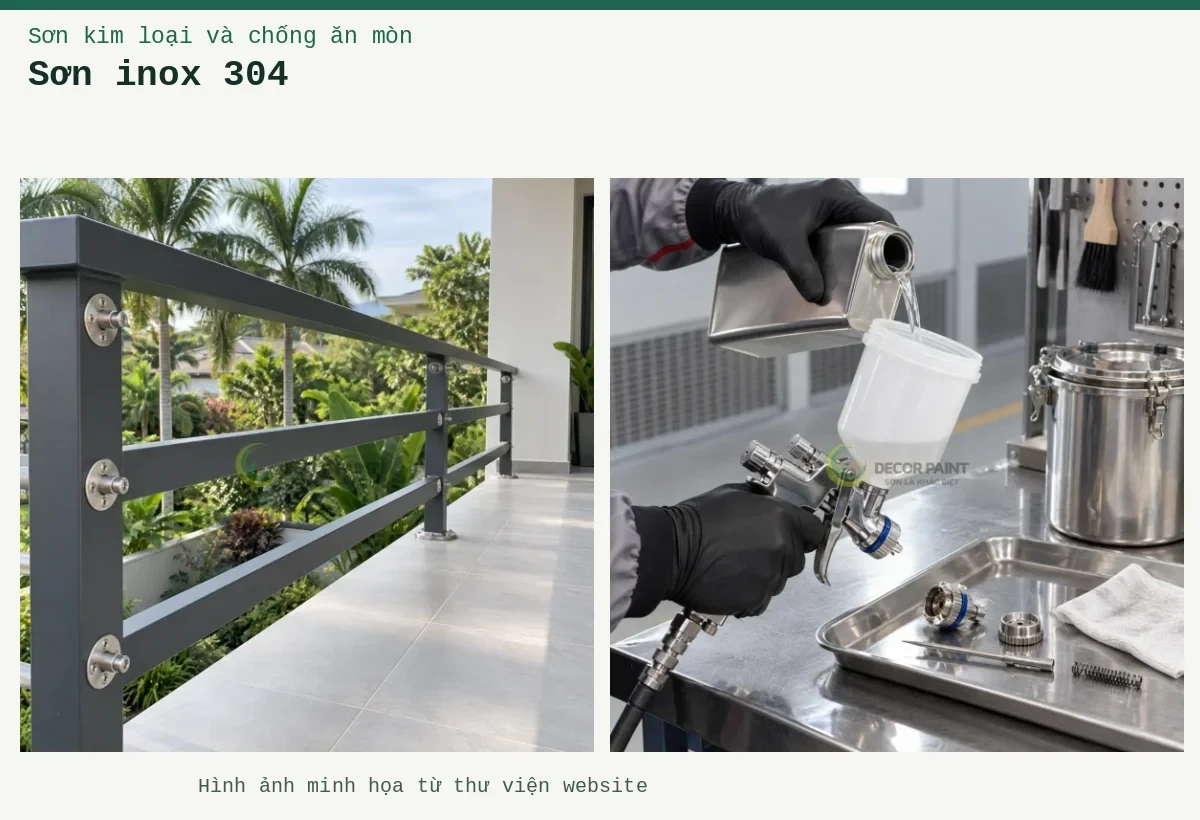 Sơn inox 304 – Ảnh minh họa: Lan can inox thanh ngang phủ màu xám; Vệ sinh súng phun.