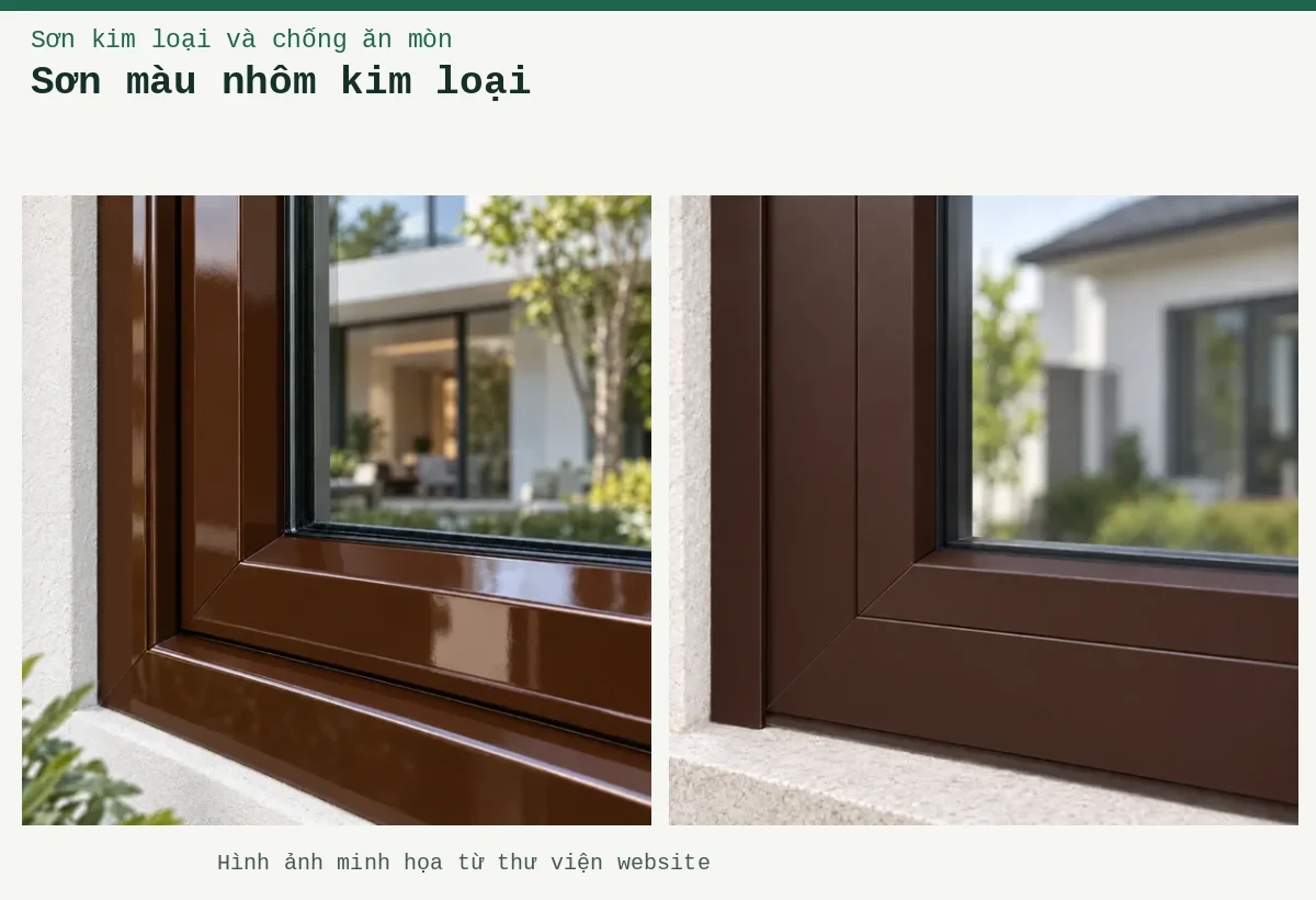 Sơn màu nhôm kim loại – Ảnh minh họa: Sơn nhôm xingfa nâu mờ – cận cảnh lớp phủ trên kim loại; Sơn nhôm xingfa nâu bóng – cận cảnh lớp sơn và mối nối.