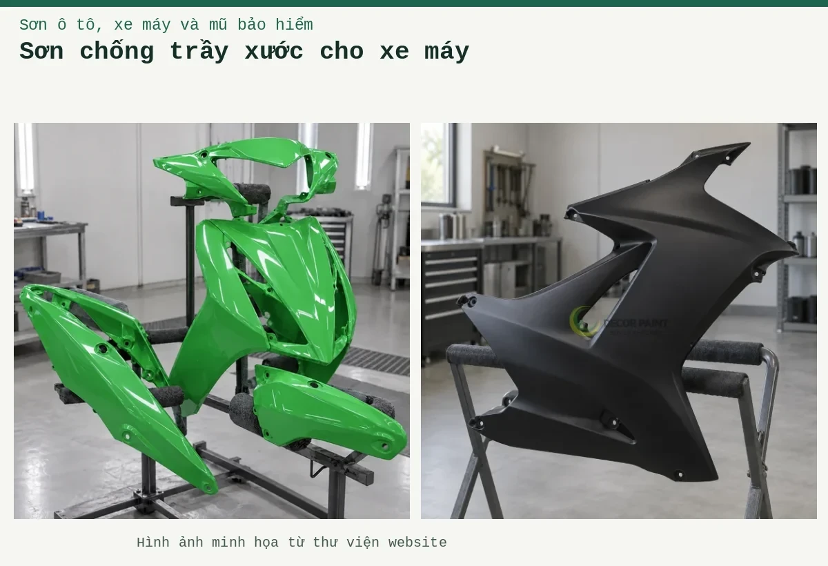 Sơn chống trầy xước cho xe máy – Ảnh minh họa: bộ ốp nhựa xe máy được phủ sơn; Vỏ xe máy phủ sơn đen mờ.