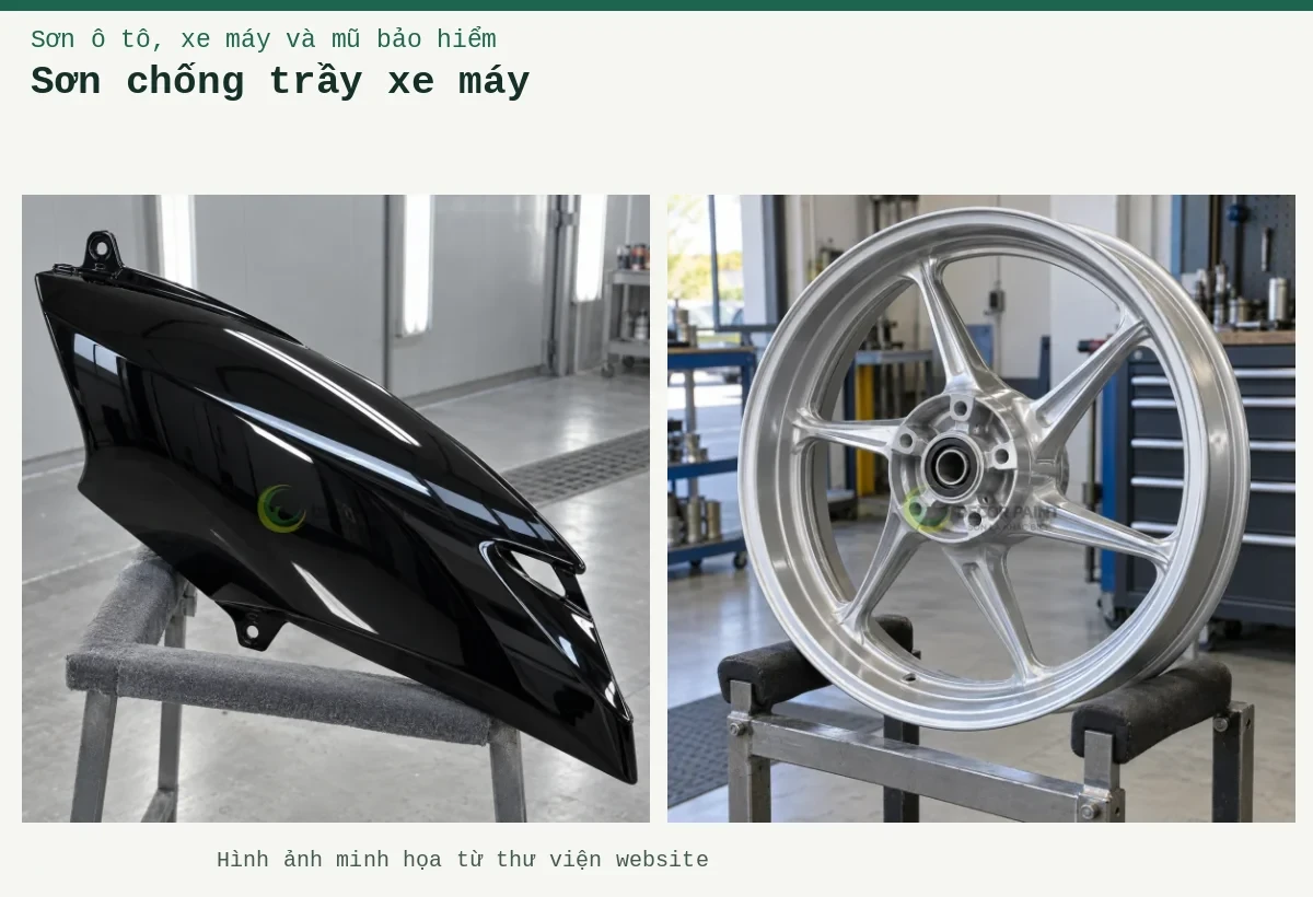 Sơn chống trầy xe máy – Ảnh minh họa: Ốp hông xe máy đen bóng; Mâm xe máy phủ sơn bạc.