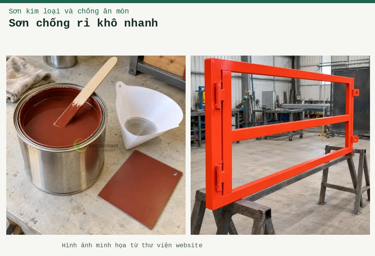 Sơn chống rỉ khô nhanh – Ảnh minh họa: Sơn lót kim loại đỏ oxit – khung cổng được phủ lớp lót tại xưởng; Sơn lót nâu đỏ trong lon, que khuấy, phễu lọc và tấm thép mẫu đã sơn.