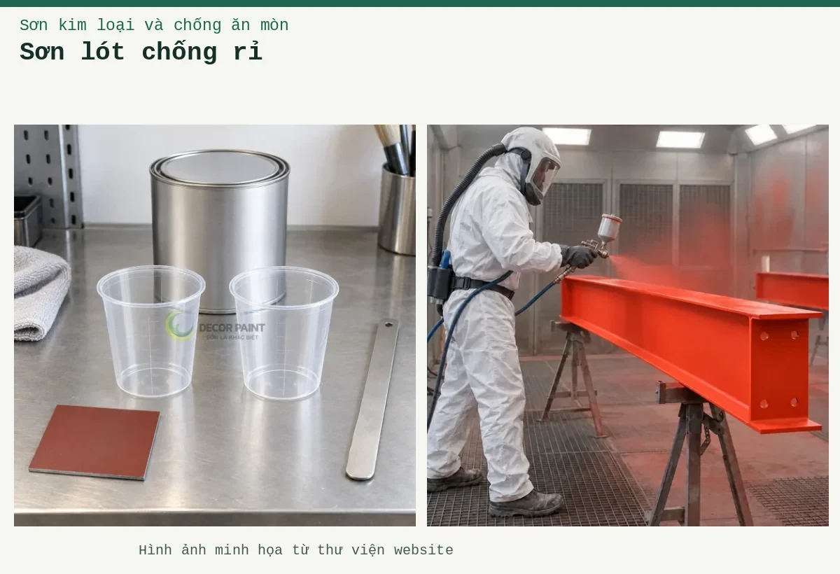 Sơn lót chống rỉ – Ảnh minh họa: Sơn lót kim loại đỏ oxit – thi công phun lớp lót trên thép; Hai cốc pha rỗng, lon kín và tấm thép mẫu phủ lót đỏ nâu.