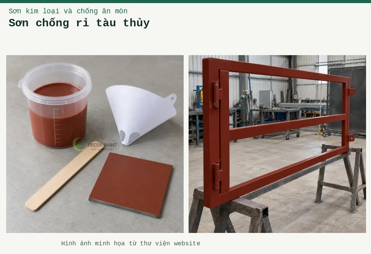 Sơn chống rỉ tàu thủy – Ảnh minh họa: Sơn lót kim loại đỏ oxit – khung cổng được phủ lớp lót tại xưởng; Cốc sơn lót đỏ nâu, phễu lọc, que khuấy và tấm thép phủ thử.