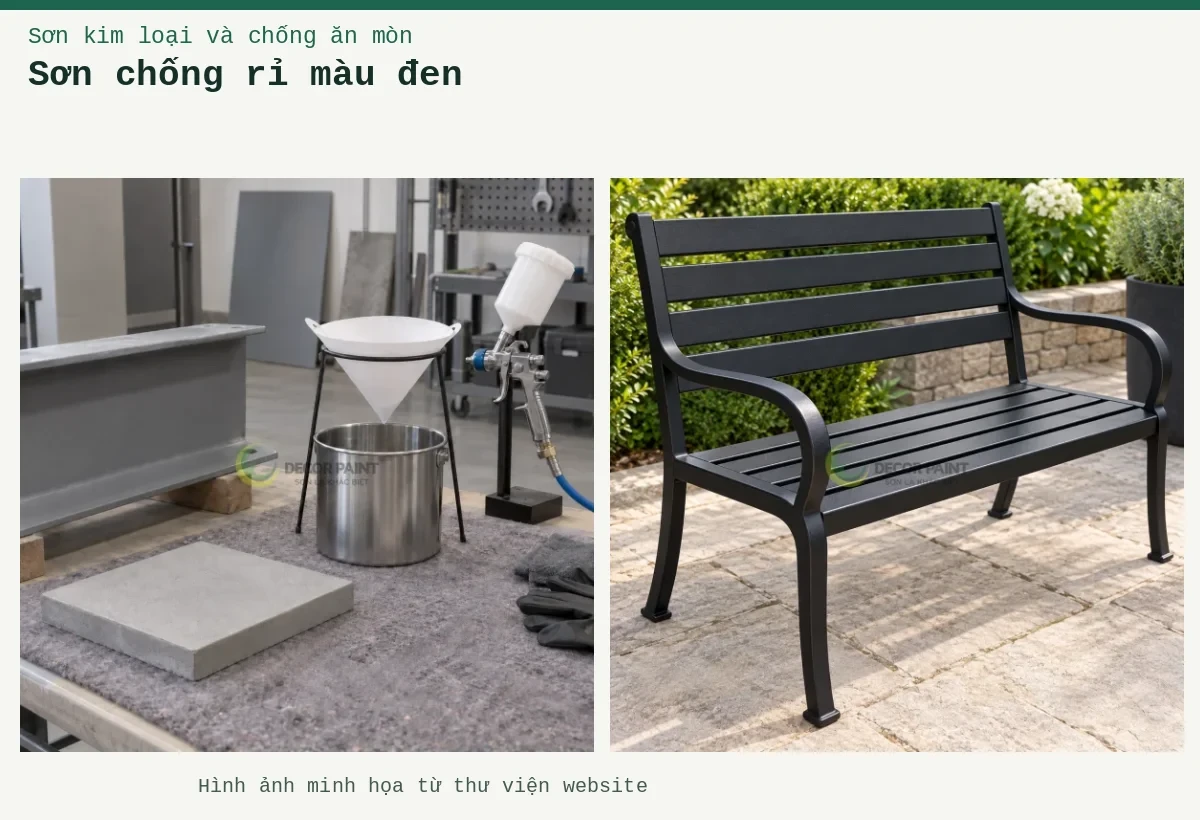 Sơn chống rỉ màu đen – Ảnh minh họa: Ghế thép đen nhám; Lọc sơn và mẫu nền.