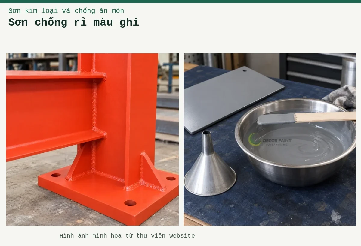 Sơn chống rỉ màu ghi – Ảnh minh họa: Sơn lót màu xám trong bát pha, que khuấy, phễu và tấm thép phủ thử; Sơn lót kim loại đỏ oxit – cận cảnh lớp lót trên mối nối thép.