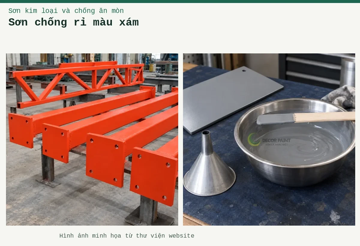 Sơn chống rỉ màu xám – Ảnh minh họa: Sơn lót màu xám trong bát pha, que khuấy, phễu và tấm thép phủ thử; Sơn lót kim loại đỏ oxit – cấu kiện thép đã phủ lớp lót.