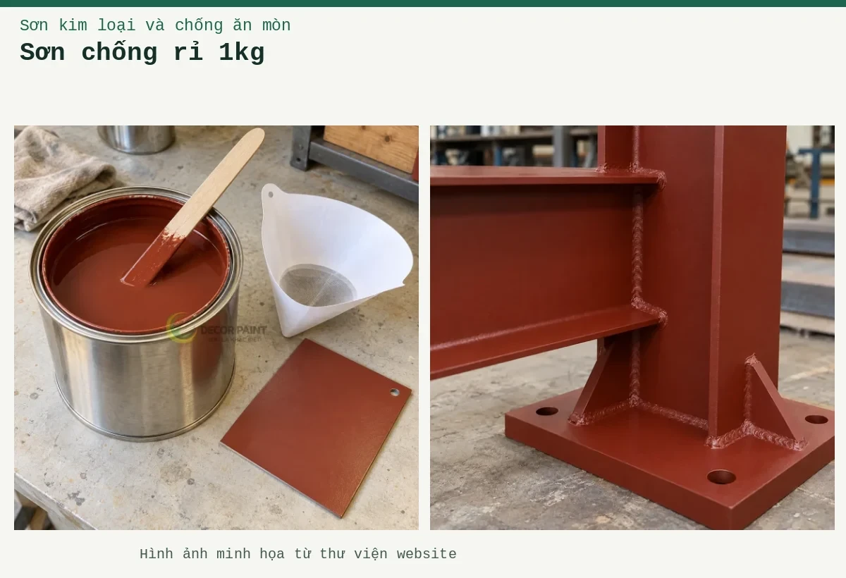 Sơn chống rỉ 1kg – Ảnh minh họa: Sơn lót kim loại đỏ oxit – cận cảnh lớp lót trên mối nối thép; Sơn lót nâu đỏ trong lon, que khuấy, phễu lọc và tấm thép mẫu đã sơn.