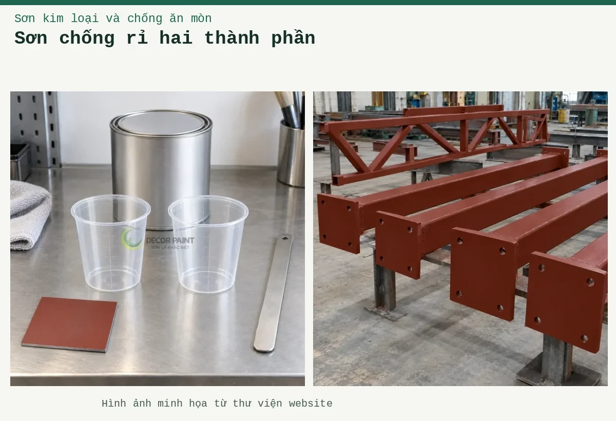 Sơn chống rỉ hai thành phần – Ảnh minh họa: Sơn lót kim loại đỏ oxit – cấu kiện thép đã phủ lớp lót; Hai cốc pha rỗng, lon kín và tấm thép mẫu phủ lót đỏ nâu.