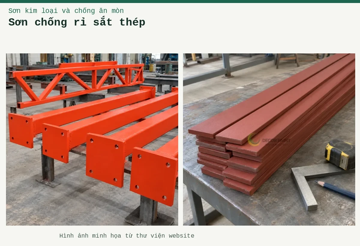 Sơn chống rỉ sắt thép – Ảnh minh họa: Minh họa thép bản phủ sơn chống rỉ màu nâu đỏ cùng dụng cụ đo bề mặt; Sơn lót kim loại đỏ oxit – cấu kiện thép đã phủ lớp lót.