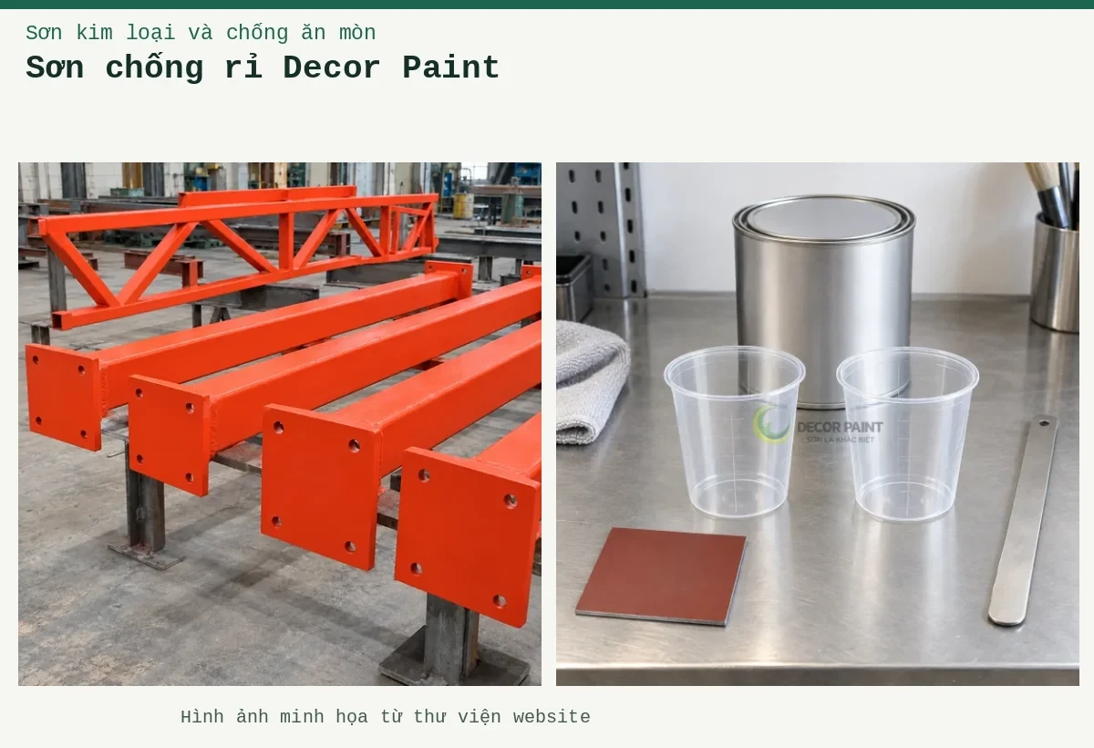 Sơn chống rỉ Decor Paint – Ảnh minh họa: Sơn lót kim loại đỏ oxit – cấu kiện thép đã phủ lớp lót; Hai cốc pha rỗng, lon kín và tấm thép mẫu phủ lót đỏ nâu.