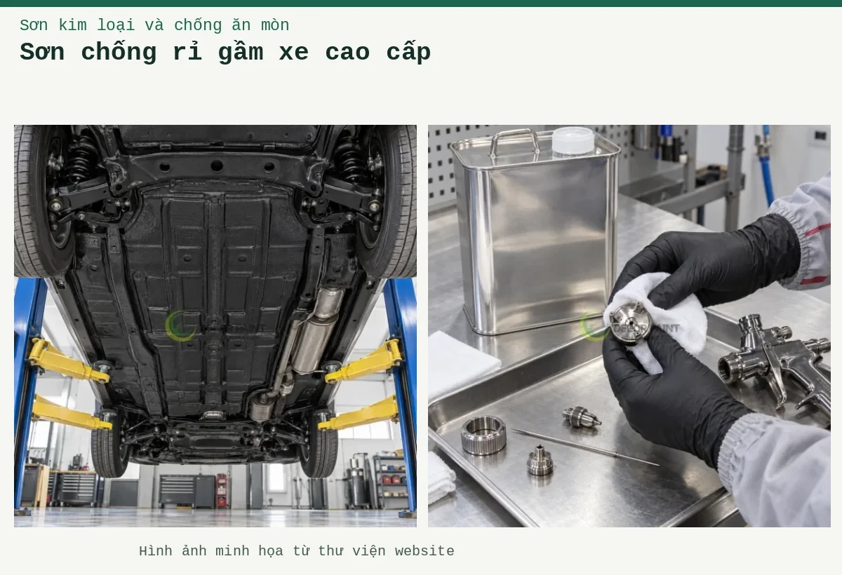 Sơn chống rỉ gầm xe cao cấp – Ảnh minh họa: Gầm ô tô phủ bảo vệ màu đen; Vệ sinh đầu phun.