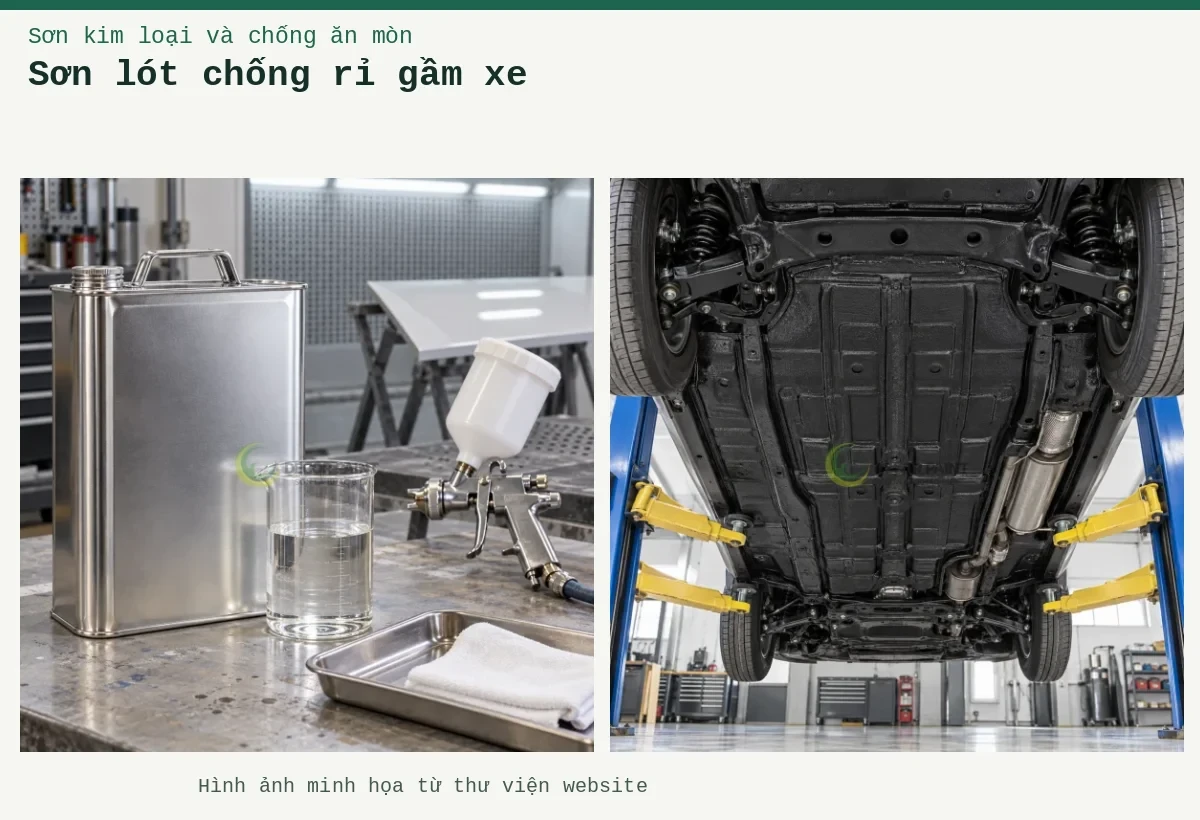 Sơn lót chống rỉ gầm xe – Ảnh minh họa: Gầm ô tô phủ bảo vệ màu đen; Dụng cụ và dung môi.