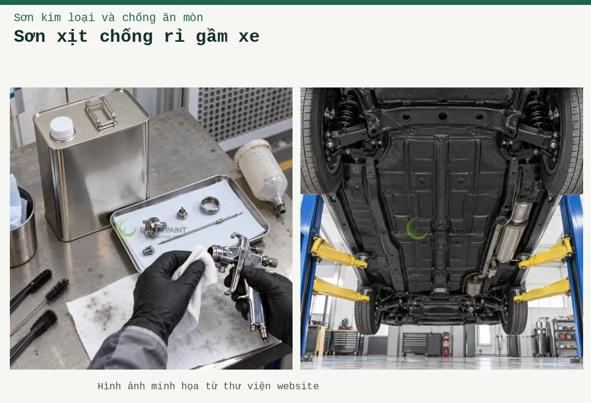 Sơn xịt chống rỉ gầm xe – Ảnh minh họa: Gầm ô tô phủ bảo vệ màu đen; Vệ sinh súng phun.