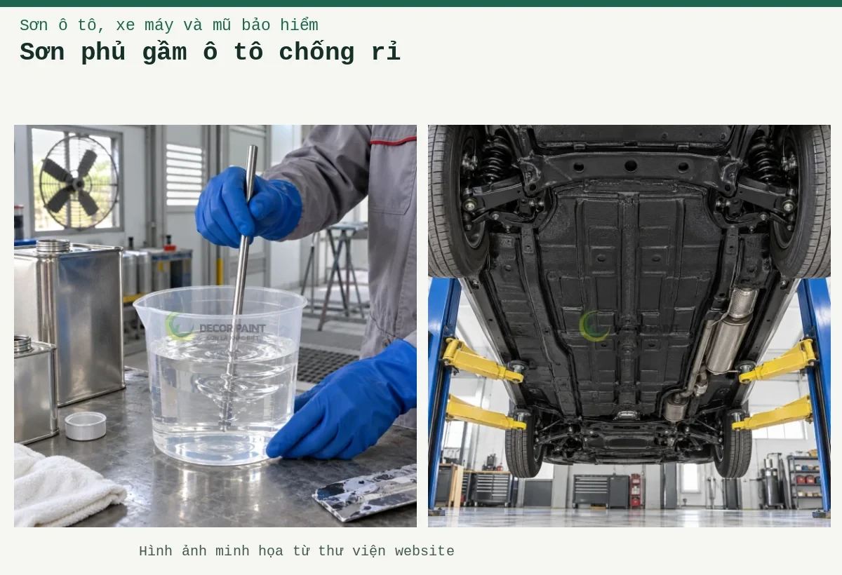 Sơn phủ gầm ô tô chống rỉ – Ảnh minh họa: Gầm ô tô phủ bảo vệ màu đen; Khuấy dung môi.