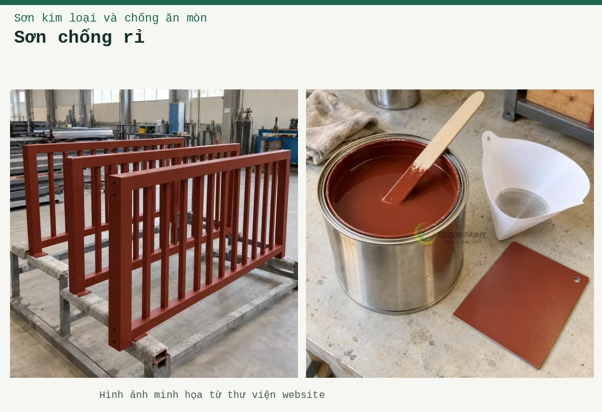 Sơn chống rỉ – Ảnh minh họa: Sơn lót kim loại đỏ oxit – cấu kiện lan can được sơn lót; Sơn lót nâu đỏ trong lon, que khuấy, phễu lọc và tấm thép mẫu đã sơn.