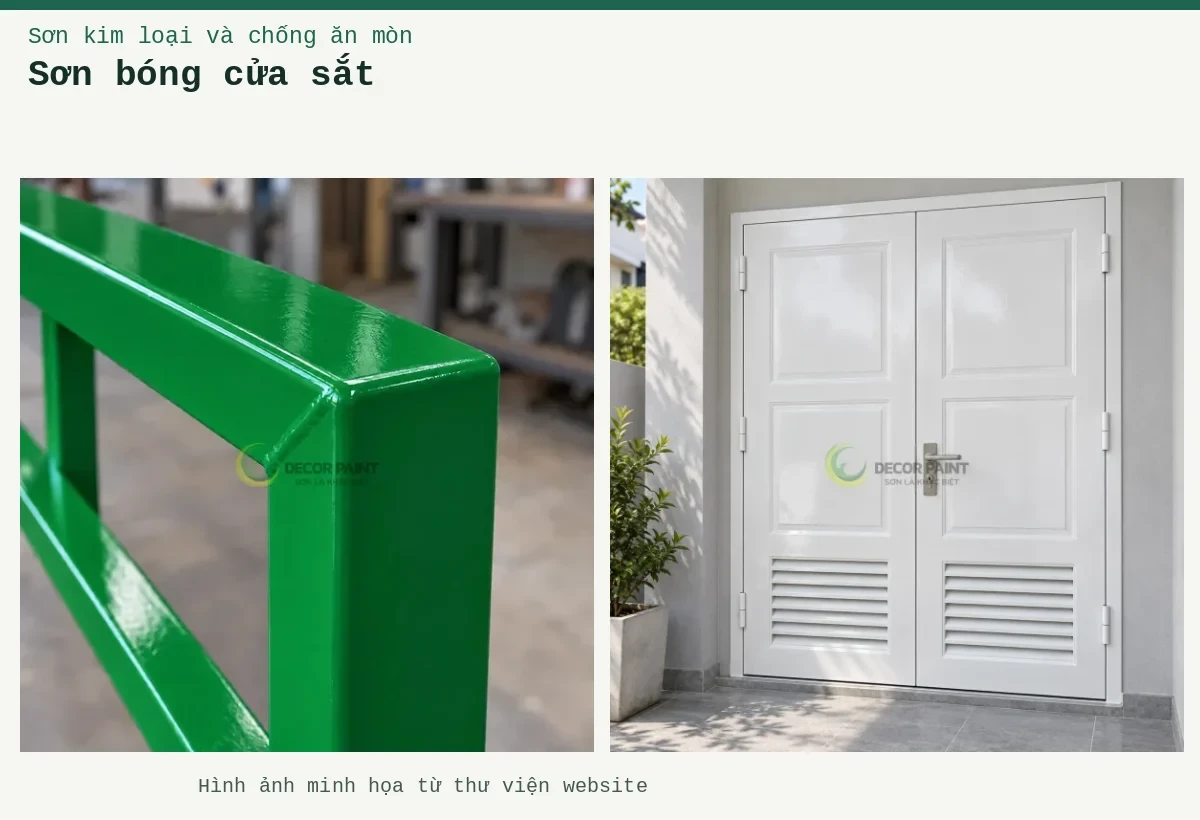 Sơn bóng cửa sắt – Ảnh minh họa: Cửa sắt hai cánh sơn trắng bóng, pano phía trên và lam thông gió phía dưới; Chi tiết góc hàn của khung sắt hộp được phủ sơn xanh lá bóng.