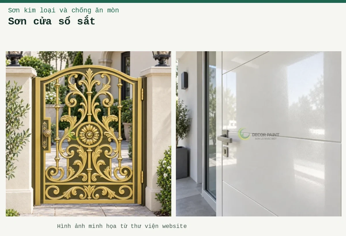 Sơn cửa sổ sắt – Ảnh minh họa: Cửa thép trắng ngọc trai; Cửa đi bộ gang đúc.