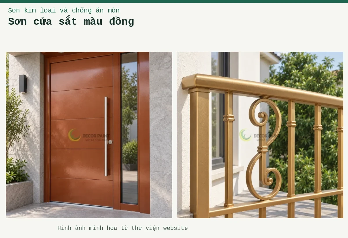 Sơn cửa sắt màu đồng – Ảnh minh họa: Cửa thép phủ nhũ đồng đỏ đậm; Lan can ban công hoa sắt sơn nhũ đồng.