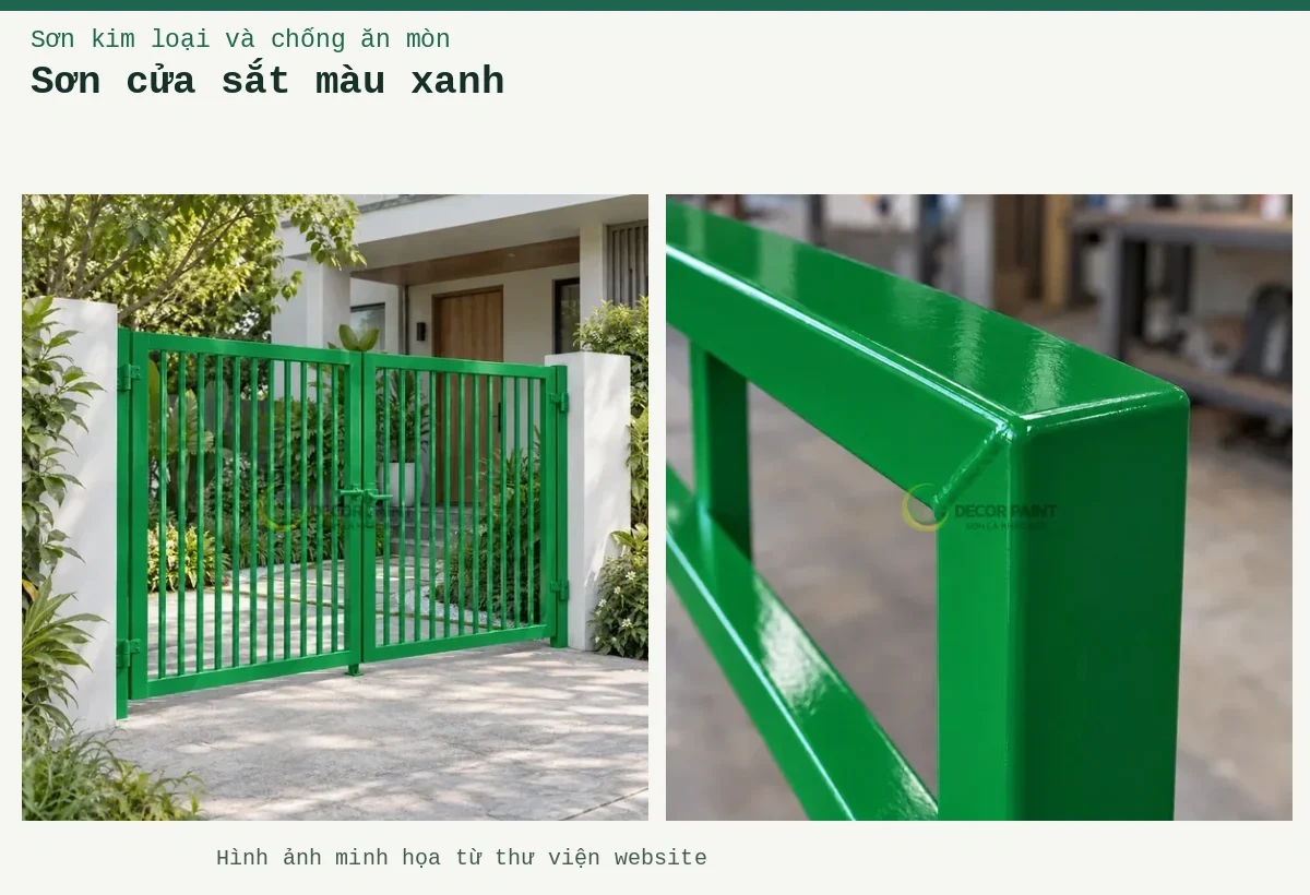 Sơn cửa sắt màu xanh – Ảnh minh họa: Cổng sắt hai cánh hoàn thiện màu xanh lá tươi theo mẫu sơn của Decor Paint; Chi tiết góc hàn của khung sắt hộp được phủ sơn xanh lá bóng.