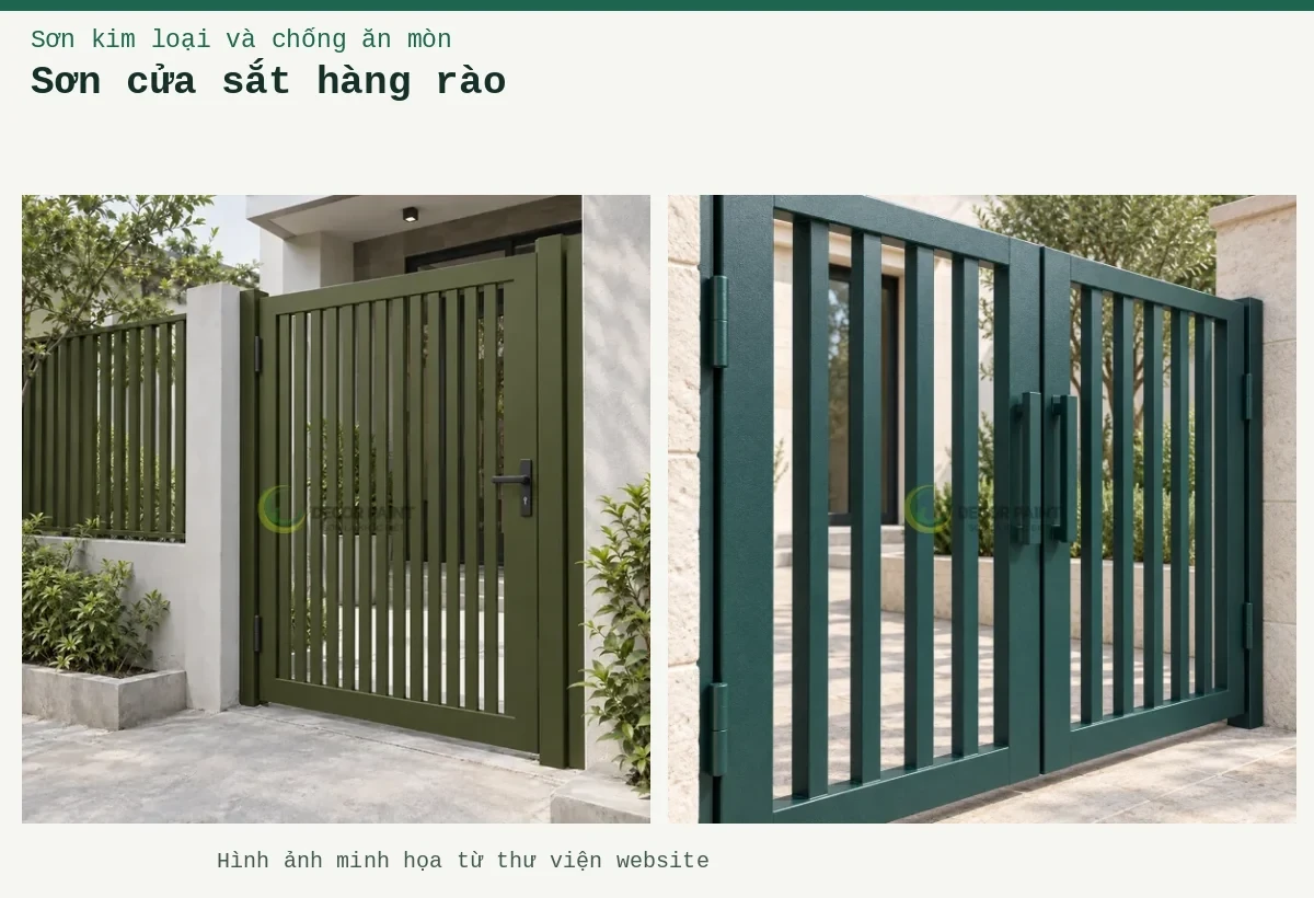 Sơn cửa sắt hàng rào – Ảnh minh họa: Cửa cổng sắt hộp; Cổng và hàng rào sắt hoàn thiện màu xanh rêu gốc cây mờ.