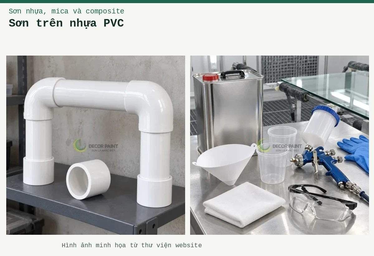 Sơn trên nhựa PVC – Ảnh minh họa: Cụm ống, cút nối và măng sông PVC phủ sơn trắng bóng trên giá kỹ thuật; Dụng cụ pha sơn.