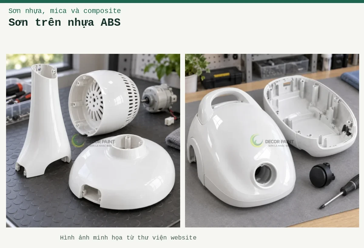 Sơn trên nhựa ABS – Ảnh minh họa: Bộ vỏ quạt bàn bằng nhựa ABS với bề mặt sơn trắng bóng trên bàn bảo trì; Hai phần vỏ máy hút bụi ABS màu trắng bóng với gân và chân bắt vít bên trong.
