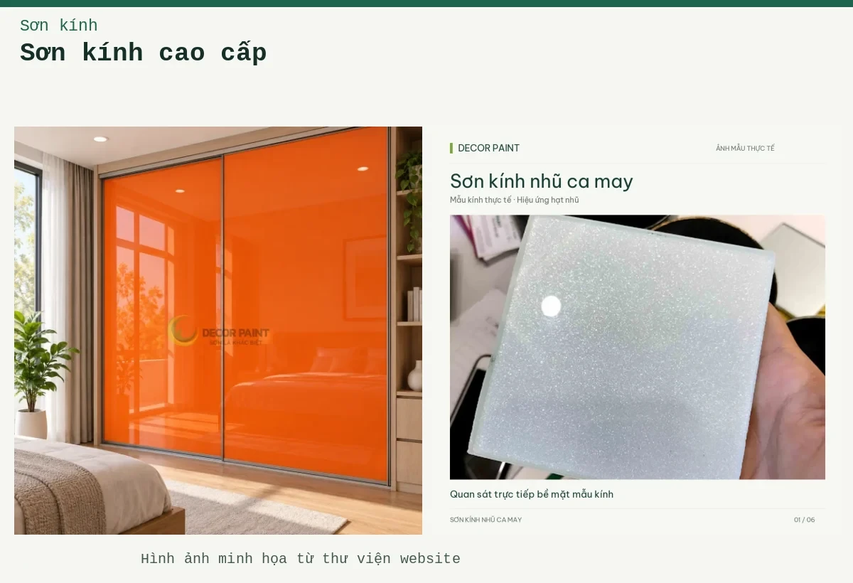 Sơn kính cao cấp – Ảnh minh họa: Cửa kính tủ áo; Sơn kính nhũ ca may – Mẫu kính thực tế.