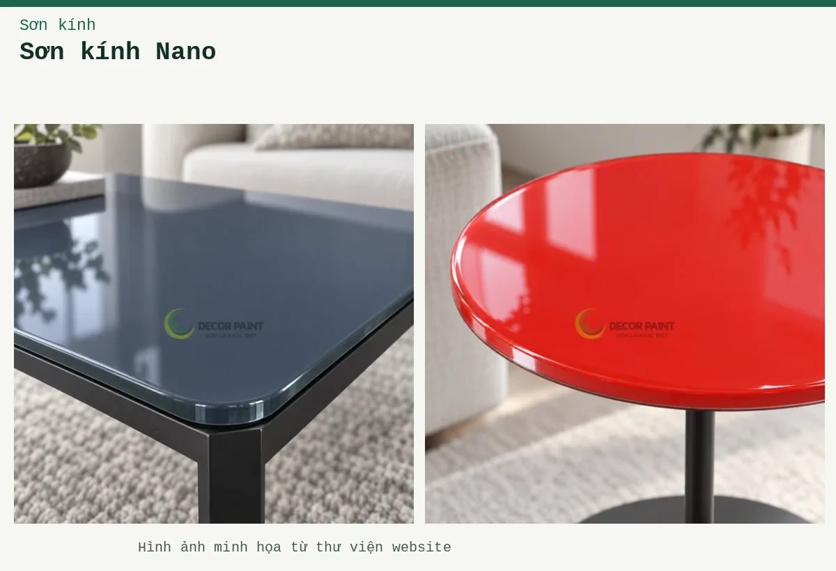 Sơn kính Nano – Ảnh minh họa: Mặt bàn kính màu ghi đậm; Mặt bàn kính màu đỏ theo mẫu.