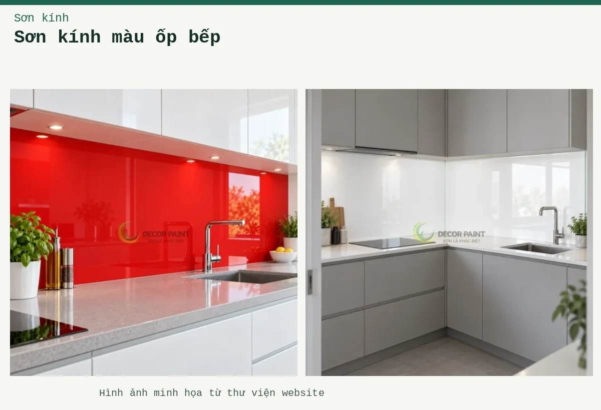 Sơn kính màu ốp bếp – Ảnh minh họa: Kính ốp bếp màu đỏ tươi; Kính ốp bếp sơn trắng bóng chạy theo hai cạnh bếp chữ L, phối cùng hệ tủ màu xám.