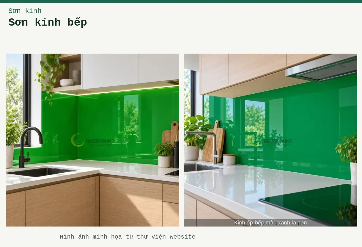 Sơn kính bếp – Ảnh minh họa: Kính bếp góc L; Kính bếp xanh lá.