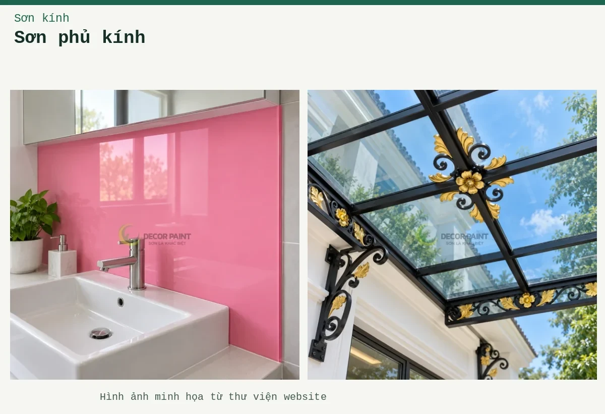 Sơn phủ kính – Ảnh minh họa: Kính ốp khu vực lavabo; Họa tiết mặt dưới mái kính.