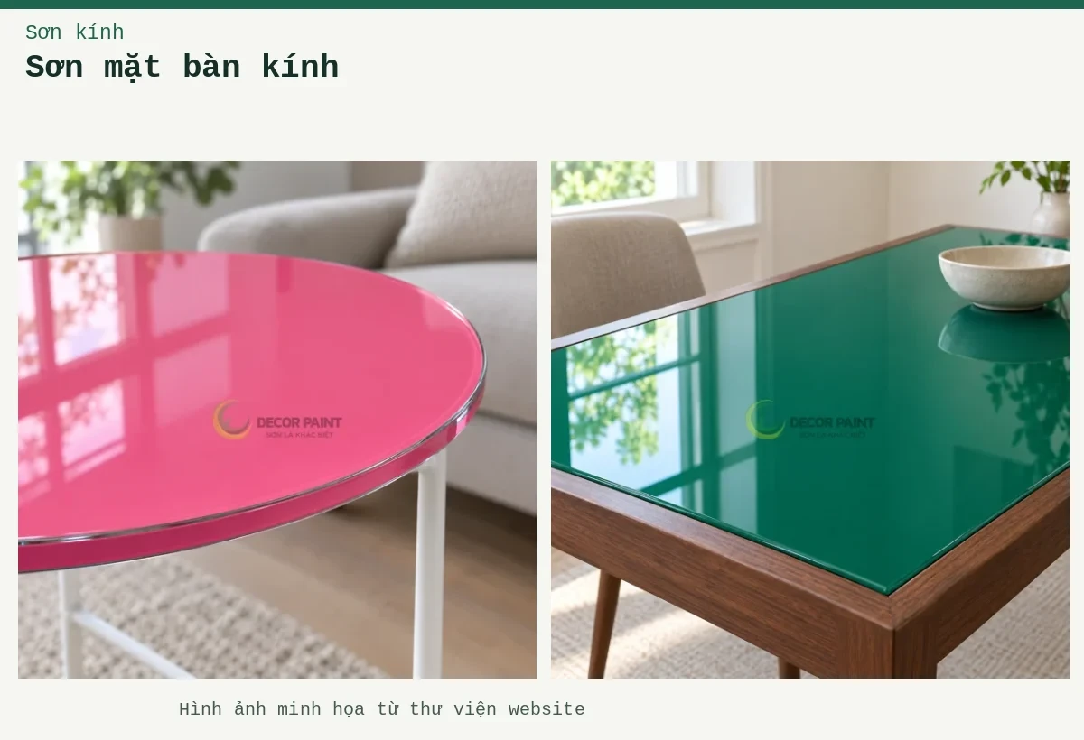 Sơn mặt bàn kính – Ảnh minh họa: Mặt bàn kính màu hồng; Mặt bàn kính xanh ngọc.