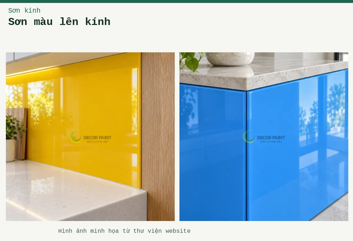 Sơn màu lên kính – Ảnh minh họa: Góc nối tủ kính; Mép kính và đá.