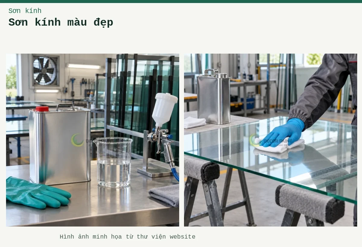Sơn kính màu đẹp – Ảnh minh họa: Bàn chuẩn bị sơn kính; Làm sạch kính.