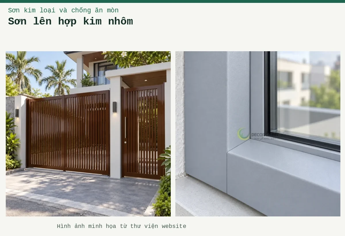 Sơn lên hợp kim nhôm – Ảnh minh họa: Sơn nhôm xingfa nâu bóng – cửa cổng kim loại; Cận cảnh góc khung nhôm.