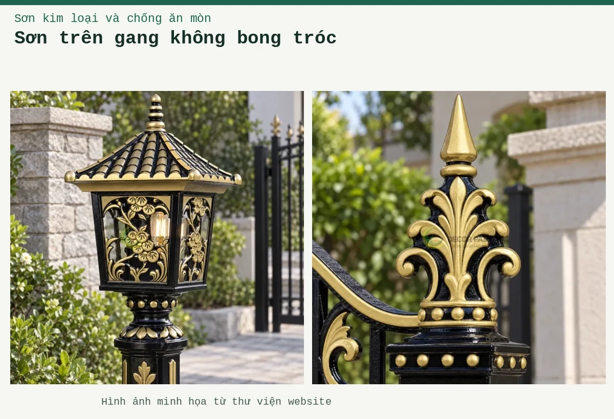 Sơn trên gang không bong tróc – Ảnh minh họa: Chóp cổng gang đúc; Trụ đèn gang sơn nhũ vàng.
