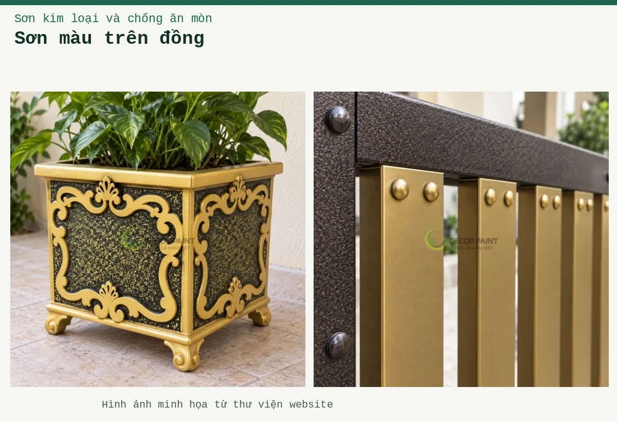 Sơn màu trên đồng – Ảnh minh họa: Cận thanh sắt nhũ đồng; Chậu kim loại đồng vàng.