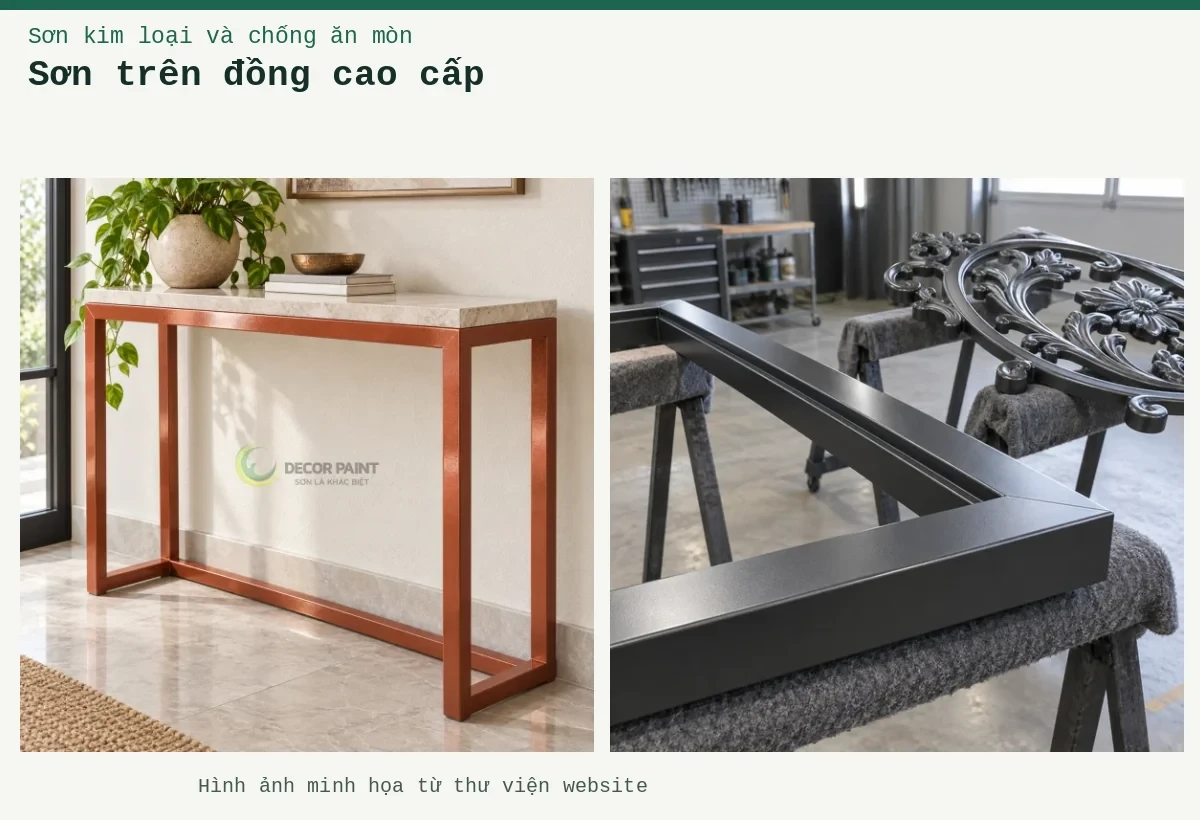Sơn trên đồng cao cấp – Ảnh minh họa: Pha sơn hai thành phần với chất đóng rắn – cấu kiện kim loại sau khi hoàn thiện lớp phủ; Khung bàn kim loại nhũ đồng đỏ.