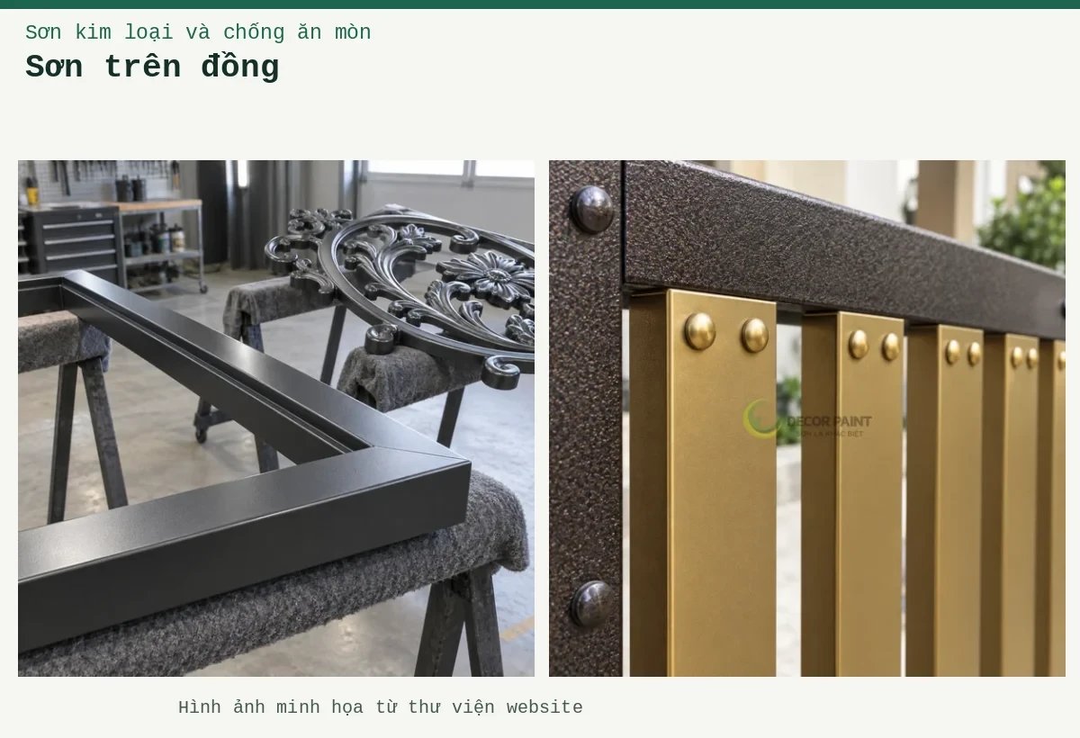 Sơn trên đồng – Ảnh minh họa: Pha sơn hai thành phần với chất đóng rắn – cấu kiện kim loại sau khi hoàn thiện lớp phủ; Cận thanh sắt nhũ đồng.