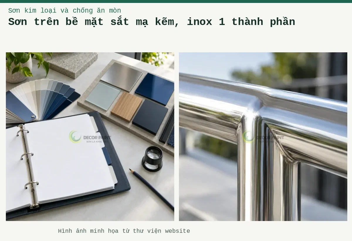 Sơn trên bề mặt sắt mạ kẽm, inox 1 thành phần – Ảnh minh họa: Cận cảnh góc nối lan can inox để quan sát bề mặt trước khi chọn lớp phủ bảo vệ; Minh họa sắp xếp tài liệu tham khảo cùng bảng màu và mẫu bề mặt vật liệu.