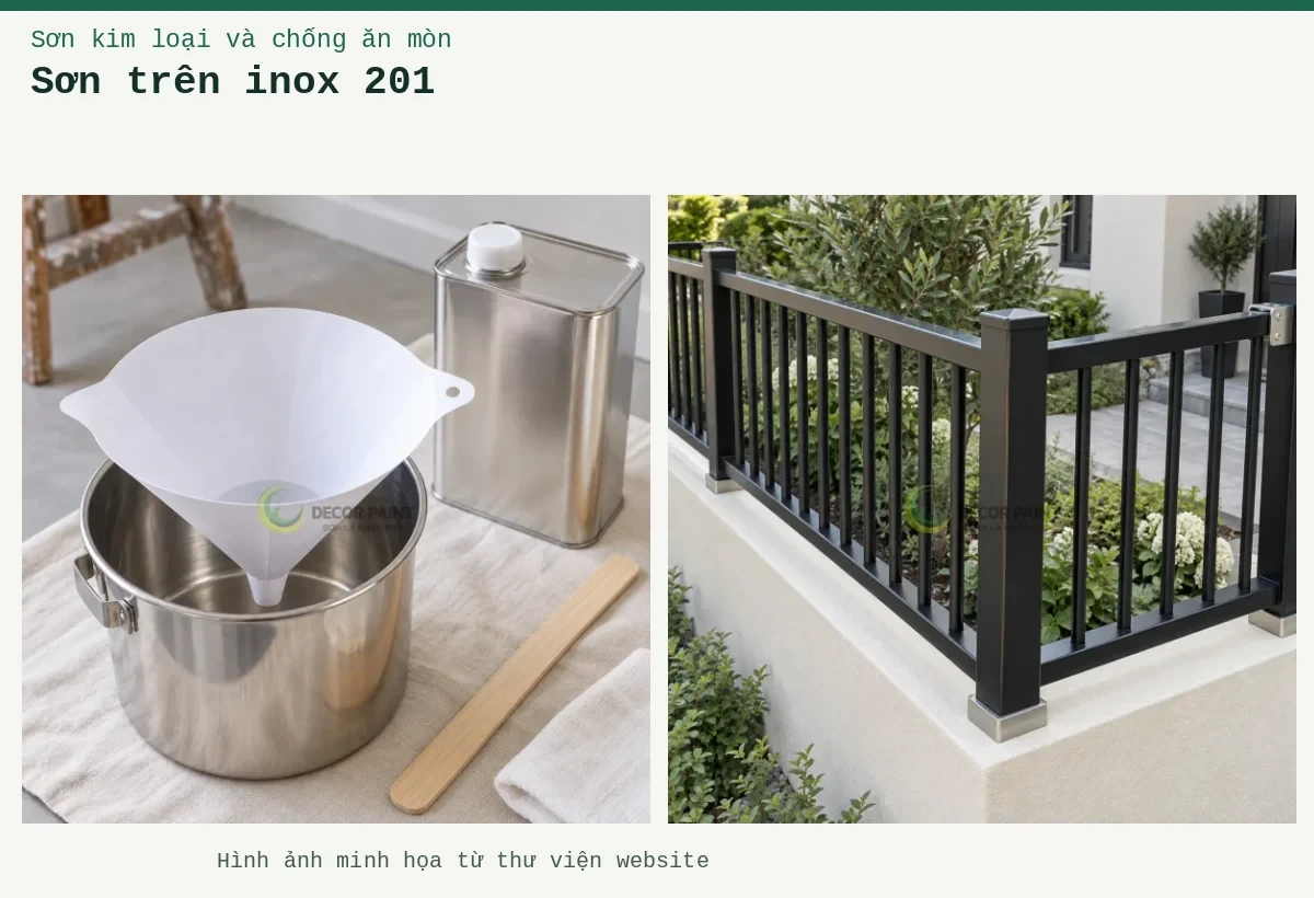 Sơn trên inox 201 – Ảnh minh họa: Hàng rào inox phủ màu đen tại góc sân vườn; Chuẩn bị lọc dung môi.